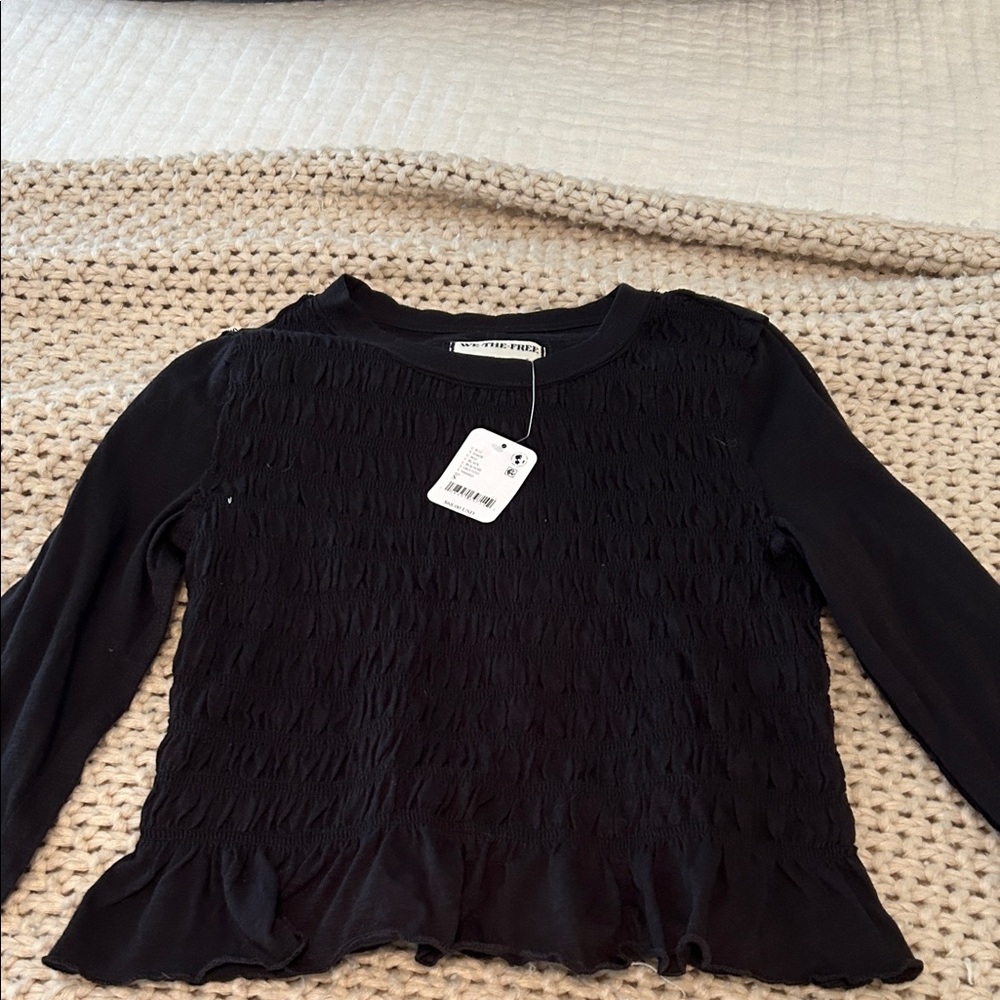 Free People Black Smocked Long Sleeve Top